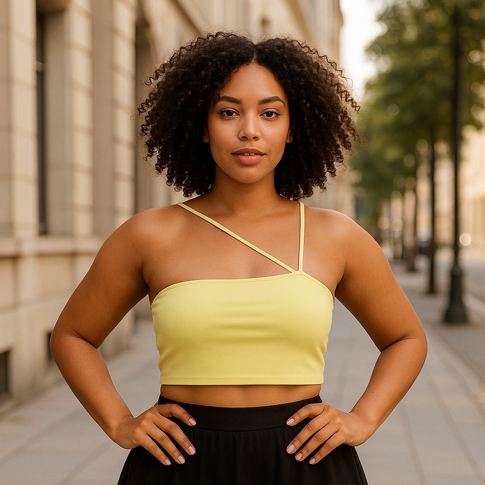 Plus Size Yellow Asymmetrical Crop Top – One-Shoulder Stretch Tank | Size 18